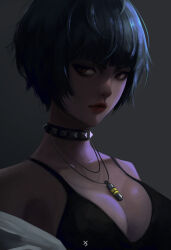 Rule 34 | 1girl, absurdres, bare shoulders, black eyeliner, blue hair, breasts, choker, cleavage, eyeliner, grey background, highres, hyokatta, jewelry, lab coat, large breasts, looking to the side, makeup, necklace, no bra, persona, persona 5, red eyes, red lips, simple background, solo, takemi tae, undressing