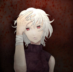 Rule 34 | .flow, 1girl, bandages, expressionless, fingernails, hand on own head, head on head, looking at viewer, red eyes, sabitsuki, short hair, sleeveless, sleeveless turtleneck, smanki, solo, turtleneck, upper body, white hair