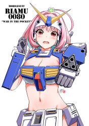 Rule 34 | 1girl, ahoge, aiming, aiming at viewer, beam saber, blue hair, blush, breasts, character name, cleavage, cleavage cutout, clothing cutout, commentary request, cosplay, fangs, gloves, grey gloves, groin, gundam, gundam 0080, gundam alex, gundam alex (cosplay), hair intakes, hand up, highres, idolmaster, idolmaster cinderella girls, large breasts, looking at viewer, mecha musume, mobile suit gundam, multicolored hair, navel, open mouth, parody, pink eyes, pink hair, science fiction, shiny skin, signature, simple background, tearing up, tongue, two-tone hair, v-fin, white background, yawarabi juubee, yumemi riamu