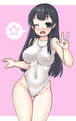 Rule 34 | 10s, 1girl, agano (kancolle), black hair, blue eyes, blush, breasts, competition swimsuit, covered navel, gluteal fold, kantai collection, kurogane daichi, large breasts, long hair, nose blush, one-piece swimsuit, one eye closed, simple background, solo, spoken star, standing, star (symbol), swimsuit, thigh gap, v, white one-piece swimsuit