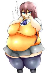 Rule 34 | 1girl, blue eyes, breasts, eating, fat, female focus, food, full body, burger, highres, large breasts, looking at viewer, obese, pink hair, pleated skirt, shirt, shoes, simple background, skirt, solo, standing, thick thighs, thighhighs, thighs, white background