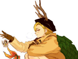 Rule 34 | 1girl, alternate costume, antlers, black headwear, blonde hair, blush, breath, brown gloves, commentary request, dragon horns, dragon tail, from side, gloves, grin, hand up, holding, horns, horns through headwear, kicchou yachie, kunrin, looking at viewer, red eyes, short hair, simple background, smile, solo, squatting, tail, toggles, touhou, turtle shell, upper body, ushizaki urumi, white background, winter clothes