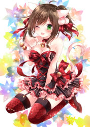 Rule 34 | 10s, 1girl, ahoge, animal ears, bell, between legs, binase, black dress, blush, breasts, brown hair, cat ears, cat girl, cat tail, cleavage, clenched hand, collar, collarbone, dress, female focus, frilled dress, frills, garter straps, green eyes, hair ribbon, hand between legs, happy, idolmaster, idolmaster cinderella girls, kneeling, long hair, looking at viewer, maekawa miku, neck bell, nogi takayoshi, one eye closed, open mouth, paw pose, ponytail, red ribbon, red thighhighs, ribbon, smile, solo, strapless, strapless dress, tail, thighhighs, wink