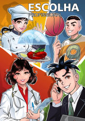 Rule 34 | 2boys, 2girls, alternate costume, ball, basketball, black hair, breasts, brown eyes, cassio araujo, cebolacio junior da silva, cellphone, chef hat, chef, clipboard, coat, eyelashes, food, formal, fruit, grey neckwear, grin, hat, highres, holding, holding clipboard, holding phone, lab coat, lemon, lemon slice, lobster, long hair, long sleeves, looking at viewer, magali fernandes de lima, medium breasts, medium hair, monica sousa, multicolored background, multiple boys, multiple girls, necktie, official art, pen, phone, plate, portuguese text, shadow, shirt, short sleeves, smile, spiked hair, stethoscope, translated, turma da monica, turma da monica jovem, unbuttoned, unbuttoned shirt, watch, wristwatch, zazo aguiar