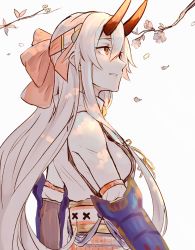 Rule 34 | 1girl, armor, armored dress, breasts, cherry blossoms, commentary request, fate/grand order, fate (series), hair ribbon, headband, highres, horns, japanese armor, japanese clothes, kiri (0218htt), long hair, oni horns, petals, red eyes, ribbon, shoulder armor, sideboob, simple background, sode, solo, tomoe gozen (fate), very long hair, white background, white hair
