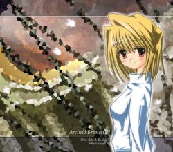 Rule 34 | 00s, 1girl, 2003, arcueid brunestud, blonde hair, blush, character name, dated, from side, long sleeves, looking at viewer, mosaic background, red eyes, short hair, smile, solo, sweater, tsukihime, upper body