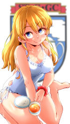 Rule 34 | 1girl, aono3, bare shoulders, blonde hair, blue eyes, blurry, blush, breasts, casual one-piece swimsuit, cleavage, collarbone, cup, darjeeling (girls und panzer), depth of field, emblem, frilled swimsuit, frills, girls und panzer, hair down, highres, holding, holding cup, large breasts, legs, long hair, looking at viewer, one-piece swimsuit, saucer, scrunchie, side-tie swimsuit, sitting, smile, st. gloriana&#039;s (emblem), swimsuit, teacup, thighs, wariza, white background, white one-piece swimsuit, wrist scrunchie