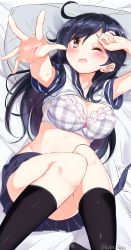 Rule 34 | 10s, 1girl, ;o, absurdres, ahoge, arm up, bed sheet, black hair, black socks, blue skirt, blush, bra, breasts, cleavage, clothes lift, collarbone, convenient censoring, convenient leg, eyebrows, foreshortening, hamaken. (novelize), highres, jpeg artifacts, kantai collection, kneehighs, knees together feet apart, large breasts, legs up, long hair, looking at viewer, lying, medium breasts, miniskirt, on back, one eye closed, open mouth, outstretched arm, palms, pillow, pink ribbon, plaid, plaid bra, pleated skirt, red eyes, ribbon, school uniform, serafuku, shirt, shirt lift, short sleeves, skirt, socks, solo, spread fingers, swept bangs, underwear, ushio (kancolle), very long hair, white shirt