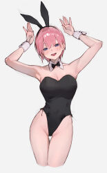 Rule 34 | 1girl, absurdres, alternate costume, animal ears, bare legs, black bow, black bowtie, black leotard, blue eyes, blush, bow, bowtie, detached collar, fake animal ears, go-toubun no hanayome, grey background, hands up, highres, leotard, looking at viewer, nakano ichika, open mouth, pink hair, playboy bunny, rabbit ears, short hair, simple background, smile, solo, sooon