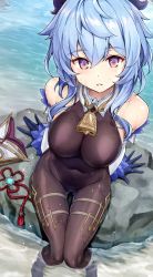Rule 34 | 1girl, arms behind back, bare shoulders, bell, black gloves, black leotard, black pantyhose, blue hair, breasts, covered navel, day, detached sleeves, flower knot, from above, ganyu (genshin impact), genshin impact, gloves, hair between eyes, highres, horns, koyuki (kotatsu358), large breasts, leotard, long hair, long sleeves, looking at viewer, looking up, no shoes, outdoors, pantyhose, parted lips, purple eyes, red ribbon, ribbon, rock, skindentation, soaking feet, solo, tassel, thigh gap, thighlet, water, wet, wet clothes