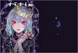 Rule 34 | 1girl, alternate costume, alternate headwear, bad id, bad twitter id, bat wings, blue hair, cover, cover page, crown, fangs, female focus, jewelry, loalo, looking at viewer, nail polish, necklace, open mouth, own hands together, red eyes, remilia scarlet, shirt, simple background, smile, solo, text focus, touhou, unfinished, upper body, wings