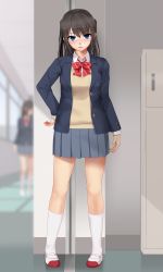 Rule 34 | 2girls, arm at side, black hair, black jacket, blazer, blue eyes, blurry, blurry background, blush, bow, bowtie, buttons, collared shirt, day, eto, full body, grey skirt, groin, hallway, hand on own hip, highres, indoors, jacket, kneehighs, long sleeves, looking at viewer, looking to the side, miniskirt, multiple girls, open clothes, open jacket, original, parted lips, pleated skirt, school uniform, shirt, shoes, skirt, socks, solo focus, standing, striped bow, striped bowtie, striped clothes, striped neckwear, sweater vest, two side up, uwabaki, white shirt, white socks, window, wing collar