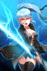 Rule 34 | 1girl, :o, blue hair, breasts, cleavage, coat, electricity, fingerless gloves, gloves, large breasts, long hair, lowres, luthica preventer, luticar, open mouth, panties, ponytail, red eyes, solo, sword, sword girls, thighhighs, underwear, weapon