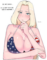 Rule 34 | 1girl, america (ohasi), american flag, american flag print, bare arms, bare shoulders, bikini, blue eyes, blush, breasts, cleavage, collarbone, english text, flag print, hand up, large breasts, long hair, ohasi, open mouth, original, parted bangs, shiny skin, skindentation, solo, sweat, swimsuit, upper body