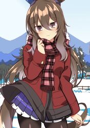 Rule 34 | 1girl, admire vega (umamusume), animal ears, black pantyhose, brown hair, clear sky, closed mouth, coat, coat lift, commentary, cowboy shot, day, ear covers, forest, fringe trim, highres, horse ears, horse girl, horse tail, light frown, long hair, long sleeves, looking at viewer, miniskirt, mountainous horizon, nature, outdoors, pantyhose, pink scarf, plaid, plaid scarf, pleated skirt, purple eyes, purple skirt, red coat, scarf, school uniform, single ear cover, skirt, sky, snow, solo, standing, tail, tracen school uniform, umamusume, wahiko (black bastard), wind, wind lift, winter