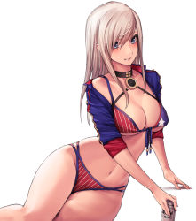Rule 34 | 1girl, american flag bikini, applekun, beer can, bikini, blonde hair, blush, breasts, can, cleavage, collarbone, commentary request, drink can, fate/grand order, fate (series), feet out of frame, flag print, hair down, highres, holding, holding can, large breasts, long hair, looking at viewer, miyamoto musashi (fate), miyamoto musashi (fate/grand order), miyamoto musashi (swimsuit berserker) (fate), miyamoto musashi (swimsuit berserker) (second ascension) (fate), navel, off shoulder, open clothes, parted lips, reclining, short sleeves, simple background, single bare shoulder, skindentation, smile, solo, stomach, striped bikini, striped clothes, swimsuit, white background
