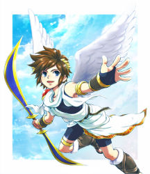 Rule 34 | 1boy, angel, angel wings, arm guards, armband, belt, bike shorts, blade, blue eyes, boots, bow (weapon), bracelet, bracer, brown hair, cloud, day, flying, high boots, jewelry, kid icarus, kid icarus uprising, knee boots, male focus, nintendo, open mouth, outstretched hand, pit (kid icarus), shoulder guard, sky, solo, tepra, thigh strap, tunic, weapon, wings, wreath