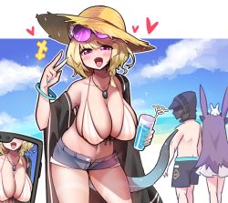 Rule 34 | 1boy, 1girl, 2girls, animal ear fluff, animal ears, arknights, bikini, blush, braid, breasts, cellphone, cleavage, cloud, collarbone, cup, denim, denim shorts, ditienan ddn, doctor (arknights), drinking straw, eyewear on head, fang, hair ornament, hat, heart, holding, holding cup, jewelry, large breasts, looking at viewer, multiple girls, nail polish, navel, ocean, official alternate costume, open clothes, phone, purple eyes, purple hair, rope (arknights), rope (summer flowers) (arknights), sand, short hair, short shorts, shorts, skin fang, skis, smartphone, smile, striped bikini, striped clothes, sun hat, sunglasses, swimsuit, swimsuit cover-up, tail, taking picture, tongue, tongue out, utage (arknights), utage (summer flowers) (arknights)