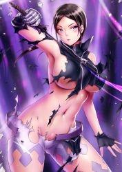 Rule 34 | 1girl, akihoyy, bandaid, bare shoulders, bikini, black gloves, blue eyes, blush, bodysuit, breasts, bruise, cameltoe, commentary request, gauntlets, gloves, highres, holding, holding sword, holding weapon, injury, large breasts, looking at viewer, navel, skin tight, solo, swimsuit, sword, sword art online, torn bodysuit, torn clothes, weapon