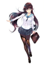 Rule 34 | 1girl, absurdres, bag, blue eyes, breasts, briefcase, brown hair, buttons, closed mouth, collarbone, detached sleeves, full body, glasses, highres, holding, long hair, long sleeves, looking at viewer, medium breasts, min-naraken, original, pantyhose, pleated skirt, sailor collar, scan, school bag, school briefcase, school uniform, shiny clothes, shoes, simple background, skirt, smile, solo, standing, white background