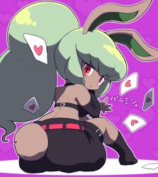 Rule 34 | 1girl, animal ears, blush, bunny mint, card, from behind, green hair, heart, high ponytail, long hair, looking back, nollety, pink background, playing card, rabbit ears, rabbit girl, rabbit tail, red eyes, sitting, solo, tail, youkai (youkai watch), youkai watch