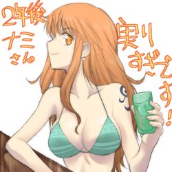 Rule 34 | 1girl, bar (place), bare shoulders, bikini, bikini top only, breasts, cleavage, drink, female focus, glass, kikumaru bunta, matching hair/eyes, nami (one piece), one piece, orange eyes, orange hair, sabaody archipelago, simple background, smile, solo, swimsuit, tattoo, text focus, translation request, white background