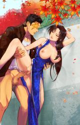 Rule 34 | absurdres, arm support, blue dress, breasts, breasts out, brown eyes, brown hair, censored, china dress, chinese clothes, clothes pull, commission, covered face, day, dress, falling leaves, hand on another&#039;s back, hand on another&#039;s thigh, hazuki ryou, hetero, highres, hong xiu ying, jacket, large breasts, leaf, leather, leather jacket, leg hold, leg lift, lipstick, long hair, low-tied long hair, makeup, maple leaf, mosaic censoring, nipples, outdoors, parted hair, parted lips, patterned clothing, pelvic curtain, penis, pussy, sex, shenmue, shenmue ii, shirt, side slit, skeb commission, untokodokkoikoi, vaginal, white shirt