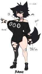 Rule 34 | 1girl, animal ears, bags under eyes, bandaid, bare shoulders, black hair, blue eyes, bracelet, breasts, character request, character sheet, collar, ear piercing, english text, fingernails, goth fashion, highres, jewelry, large breasts, messy hair, piercing, raine (zana), ring, shoes, short hair, shorts, slit, solo, tail, thick eyebrows, thick thighs, thighs, unamused, wolf ears, wolf girl, wolf tail, zanamaoria