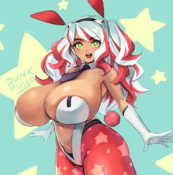 Rule 34 | 1girl, breasts, highres, huge breasts, junkpuyo, multicolored hair, smile, solo, symbol-shaped pupils, tagme, white hair