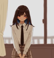 Rule 34 | 1girl, black necktie, black tie, blouse, blue hair, blush, brown hair, brown skirt, closed mouth, collared shirt, colored inner hair, cowboy shot, curtains, day, dress shirt, earrings, goshiki suzu, highres, indoors, jewelry, long sleeves, looking at viewer, multicolored hair, necktie, original, own hands together, plaid, plaid skirt, school uniform, shirt, single earring, skirt, smile, solo, two-tone hair, v arms, white shirt, window