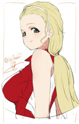 Rule 34 | 10s, 1girl, arms at sides, artist name, blonde hair, blush, forehead, from side, girls und panzer, grey eyes, isshiki (ffmania7), light smile, low ponytail, sasaki akebi, signature, sketch, solo, sportswear, upper body, volleyball uniform