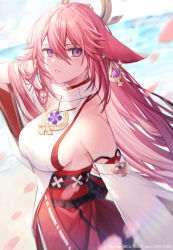 Rule 34 | 1girl, bare shoulders, blouse, blush, coyucom, detached sleeves, genshin impact, hair ornament, hand in own hair, japanese clothes, jewelry, kimono, long hair, looking at viewer, miko, necklace, pendant, pink hair, purple eyes, red skirt, shirt, sidelocks, skirt, sleeveless, sleeveless kimono, sleeveless shirt, solo, very long hair, white kimono, white shirt, wide sleeves, yae miko