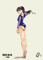 Rule 34 | 1girl, animal on arm, ass, athletic leotard, barefoot, black hair, blue eyes, blush, cat, dated, full body, glasses, leotard, looking at viewer, medium hair, q98780409, simple background, solo, tiptoes