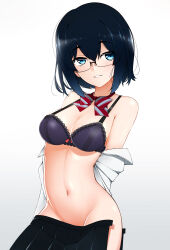 Rule 34 | 1girl, black-framed eyewear, black skirt, blue eyes, blue hair, bow, bowtie, bra, breasts, censored, cleavage, convenient censoring, dark blue hair, glasses, hair between eyes, highres, looking at viewer, medium breasts, navel, open clothes, open shirt, original, pleated skirt, purple bra, red bow, red bowtie, semi-rimless eyewear, shirt, short hair, simple background, skirt, smile, solo, stomach, striped bow, striped bowtie, striped clothes, under-rim eyewear, underwear, undressing, white background, white shirt, z.taiga