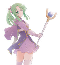 Rule 34 | 1girl, alternate costume, alternate hairstyle, armor, breastplate, capelet, cecilia (fire emblem), dress, fire emblem, fire emblem: the binding blade, gloves, green eyes, green hair, hair ribbon, ham pon, highres, holding, holding staff, long sleeves, looking at viewer, looking back, medium hair, nintendo, ponytail, purple capelet, purple dress, purple thighhighs, ribbon, simple background, smile, solo, staff, thighhighs, white background, white gloves, aged down, zettai ryouiki