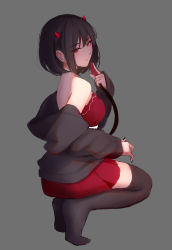 Rule 34 | 1girl, bare shoulders, black hair, black jacket, black thighhighs, breasts, closed mouth, from side, full body, grey background, highres, horns, jacket, long sleeves, looking at viewer, no shoes, off shoulder, original, pleated skirt, red eyes, red skirt, shimmer, short hair, simple background, skirt, solo, thighhighs