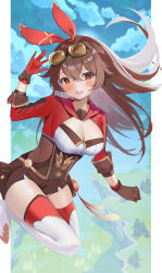 Rule 34 | 1girl, absurdres, amber (genshin impact), animal ears, blush, breasts, cloud, crossed bangs, floating, genshin impact, gloves, goggles, goggles on head, hand up, highres, hill, long hair, long sleeves, looking at viewer, medium breasts, open mouth, outside border, pillarboxed, rabbit ears, red gloves, shorts, sidelocks, sky, smile, solo, thighhighs, thighs, tree, tsukise miwa