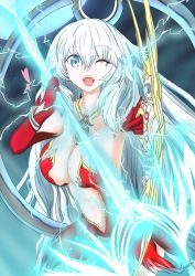 Rule 34 | 1girl, artemis (fate), blue eyes, bow (weapon), breasts, cleavage, dress, elbow gloves, fate/grand order, fate (series), gloves, heart, highres, large breasts, long hair, looking at viewer, navel, one eye closed, open mouth, smile, solo, very long hair, weapon, white hair, wink