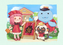 Rule 34 | 1girl, 2boys, :3, :d, ^ ^, animal crossing, apron, arms up, artist name, bird, blue sky, blunt bangs, blush, boater hat, bobby socks, border, brown headwear, brown shirt, bush, buttons, closed eyes, closed mouth, cloud, collared shirt, commentary, dated, day, english commentary, flower, furry, furry male, green border, hand up, hat, head scarf, hime cut, house, long hair, mary janes, matchaneko, monkey boy, multiple boys, niko (animal crossing), nintendo, open mouth, outdoors, outside border, palm tree, pink flower, pink hair, pleated skirt, red apron, red footwear, red headwear, red shirt, shirt, shoes, short sleeves, sidelocks, sign, skirt, sky, smile, socks, sparkle, standing, teeth, tree, upper teeth only, villager (animal crossing), wardell (animal crossing), white flower, white skirt, white socks, wing collar