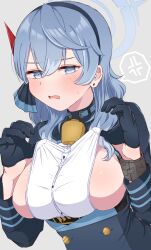 Rule 34 | 1girl, absurdres, ako (blue archive), anger vein, annzuwann, bell, black gloves, blue eyes, blue hair, blue halo, blush, breasts, cowbell, gloves, grey background, hair between eyes, half gloves, halo, highres, large breasts, long hair, looking at viewer, neck bell, open mouth, short hair, simple background, solo, spoken anger vein, upper body