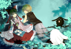 Rule 34 | 1boy, 1girl, ascot, blonde hair, bow, creature, crossover, detached sleeves, expressionless, food, hair between eyes, hair bow, hakurei reimu, long sleeves, looking back, mokona, plant, red bow, red skirt, skirt, touhou, tree, tsubasa chronicle, xiaolang, yellow ascot