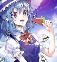 Rule 34 | 1girl, :d, a maru, bad id, bad pixiv id, blue eyes, blue hair, blue ribbon, blurry, blurry background, bow, bowtie, cirno, day, food, hair between eyes, hat, hat ribbon, highres, holding, holding food, lens flare, looking at viewer, open mouth, outdoors, popsicle, red bow, ribbon, shirt, short hair, short sleeves, smile, solo, sun hat, touhou, upper body, watermelon bar, white hat, white shirt