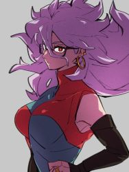 Rule 34 | 1girl, android 21, black-framed eyewear, breasts, checkered clothes, checkered dress, dragon ball, dragon ball fighterz, dress, earrings, glasses, grey background, hair between eyes, hoop earrings, jewelry, kemachiku, long hair, looking at viewer, medium breasts, pink hair, red eyes, simple background, solo, upper body