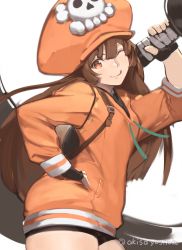 Rule 34 | 1girl, ;q, akisa yositake, anchor, black gloves, brown hair, fingerless gloves, gloves, guilty gear, guilty gear strive, hat, highres, holding, holding anchor, jacket, long hair, long sleeves, looking at viewer, may (guilty gear), one eye closed, orange eyes, orange hat, orange jacket, pirate hat, simple background, skull and crossbones, solo, tongue, tongue out, twitter username, white background