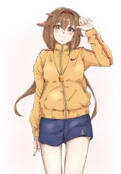 Rule 34 | 1girl, alternate costume, anchor symbol, blue shorts, brown eyes, brown hair, hairband, highres, jacket, kantai collection, ld (luna dial398), long hair, looking at viewer, low ponytail, one-hour drawing challenge, orange jacket, red hairband, shiratsuyu (kancolle), shiratsuyu kai ni (kancolle), shorts, simple background, smile, solo, whistle, whistle around neck, white background