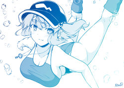 Rule 34 | 1girl, ass, blue theme, blush, boots, breasts, bubble, cleavage, commentary request, competition swimsuit, duplicate, flat cap, hair bobbles, hair ornament, hat, highres, jewelry, kagiyama shachou, kawashiro nitori, key, key necklace, large breasts, looking at viewer, medium hair, monochrome, necklace, one-piece swimsuit, pixel-perfect duplicate, sidelocks, simple background, solo, swimsuit, touhou, two side up