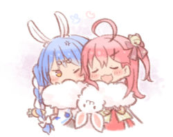 Rule 34 | 1other, 2girls, :3, :d, ahoge, anger vein, animal ears, bell, blue hair, braid, cheek-to-cheek, closed eyes, coat, commentary, creature, don-chan (usada pekora), hair between eyes, hair ornament, heads together, hololive, japanese clothes, jingle bell, kuro (kuroneko no kanzume), long hair, looking at another, lowres, miko, multicolored hair, multiple girls, nontraditional miko, one eye closed, open mouth, pink hair, rabbit, rabbit ears, rabbit girl, sakura miko, sakura miko (1st costume), short eyebrows, side ponytail, sidelocks, simple background, smile, twin braids, twintails, two-tone hair, usada pekora, usada pekora (1st costume), virtual youtuber, white background, white coat, white hair, x hair ornament, yellow eyes