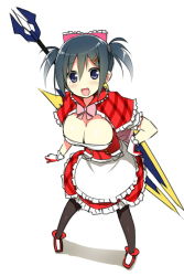 Rule 34 | 1girl, :d, apron, black hair, blue eyes, bow, breasts, cleavage, energy sword, energy weapon, frilled skirt, frills, gloves, hair bow, hair ornament, hairclip, highres, huge weapon, large breasts, looking at viewer, open mouth, pantyhose, patissier apron, phantasy star, phantasy star online 2, plaid, short hair, simple background, skirt, sky-freedom, smile, solo, standing, sword, twintails, weapon, white background
