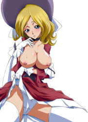 Rule 34 | 00s, 1girl, bad id, bad pixiv id, blonde hair, blue eyes, blush, breasts, clothes lift, code geass, dress, dress lift, gloves, hat, ippopotamo, large breasts, long hair, milly ashford, nipples, panties, sitting, skirt, skirt lift, solo, sweat, thighhighs, underwear, white panties