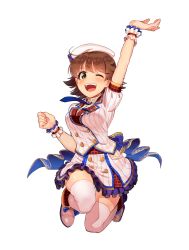 Rule 34 | 1girl, ahoge, arm up, blue necktie, blush, breasts, brown eyes, brown hair, frilled skirt, frills, full body, hat, highres, honda mio, idolmaster, idolmaster cinderella girls, kamille (vcx68), large breasts, looking at viewer, necktie, one eye closed, open mouth, puffy short sleeves, puffy sleeves, short hair, short sleeves, skirt, smile, solo, teeth, thighhighs, white hat, white skirt